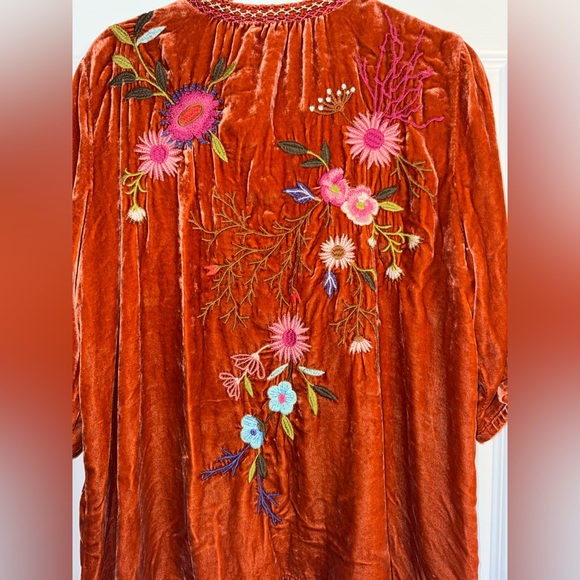 $340 JOHNNY WAS Ulla Persimmon Velvet Silk Floral Embroidered V-Neck Blouse L - Picture 10 of 12
